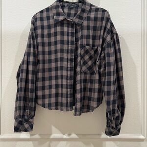 Sanctuary Women’s M Black/Brown Long Sleeve Checkered Cropped Button Down Shirt